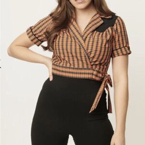 NWT Unique Vintage Western style Plaid Orange Wrap Top